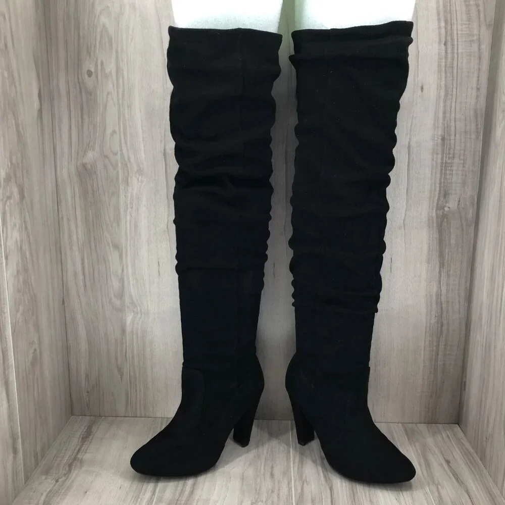 Over The Knee Boots Womens 8 Black Fabric Slouch Pull On OTK